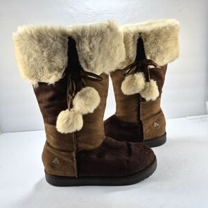 Airwalk Suede Faux Fur Pom Pom Winter Boots Brown/Tan Colorblock Size 8 Boho